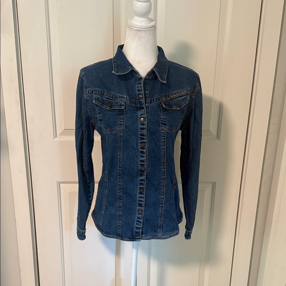 Vintage Hard Rock Cafe Blue Denim Jacket with Gold Embroidery